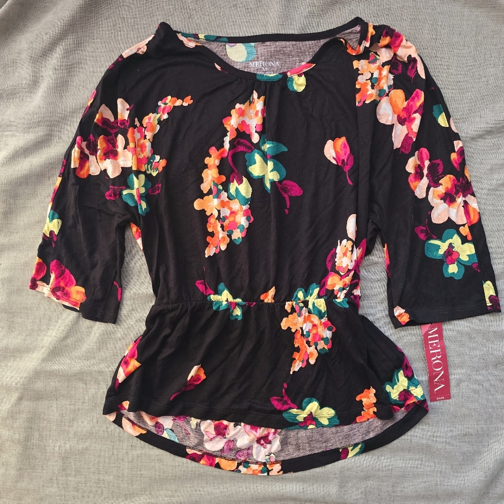 Black Blouse with orange and pink flowers